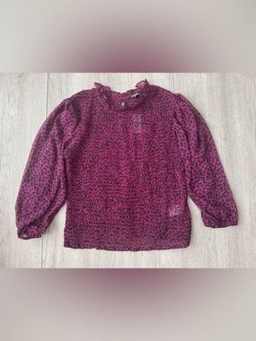 Express Women’s Purple Leopard Long Puffy Balloon Sleeve Ruffle Blouse Large NWT